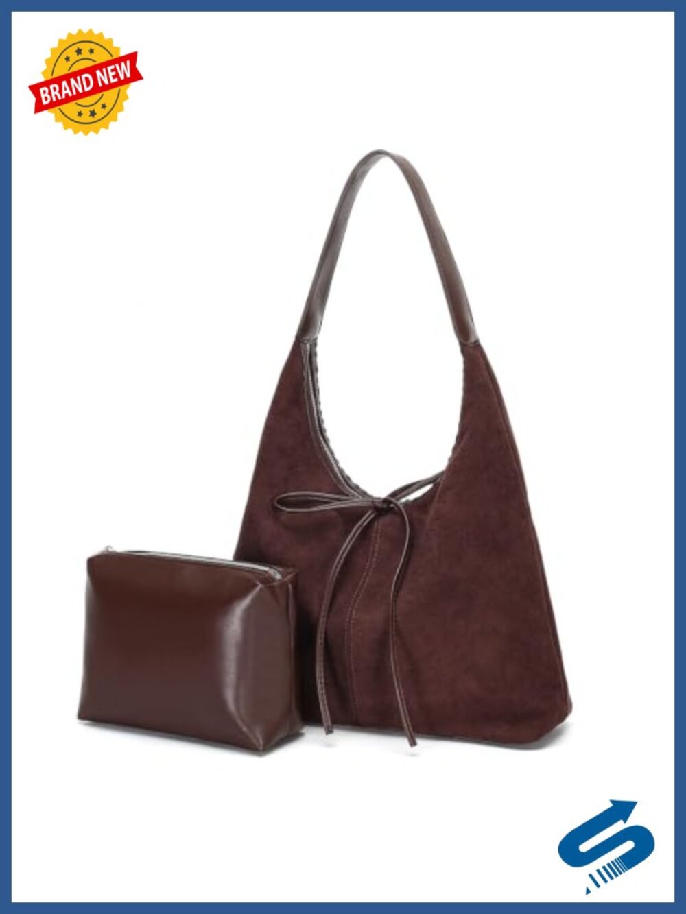 Faux Suede Hobo Shoulder Bag Bow Slouchy Tote 2pc Set